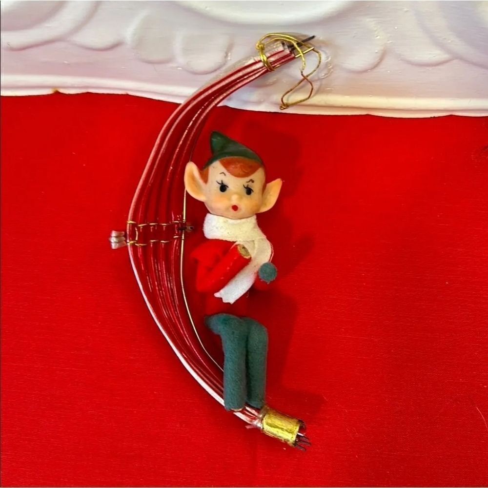 Vintage Rare Felted Pixie Elf  on a Red Hammock Swing Christmas Ornament